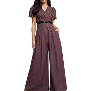Miss Chase Women's Solid Relaxed Fit Short Sleeve V-Neck Jumpsuit with Pockets